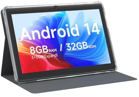Tableta Android 14 de 7 pulgadas con funda, 8 GB de RAM, 32 GB de ROM, 1 TB de expansión, procesador de cuatro núcleos, pantalla IPS de 1024 x 600, cámara dual, batería de 3000 mAh, Bluetooth, WiFi