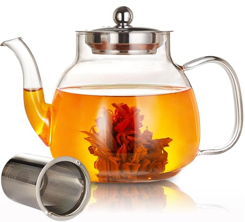 BOWD Teiera in vetro da 1100 ml, bollitore con infusore rimovibile, vetro borosilicato resistente al calore, perfetta per tè sfuso, piano cottura e microonde
