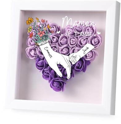Jeweidea Regalo para Mamá, Regalo del Día De La Madre, Caja de Sombra 8x8 Cuadro Personalizado con Foto Profunda Marco de Fotos Nombre con Flor Seca Regalo Personalizado (Mano-Morado)