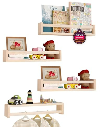 aichilra Estantería de pared para niños, juego de 4 estanterías flotantes o estantería para libros para niños, decoración de habitación infantil, ideal para libros y juguetes, estantería Montessori