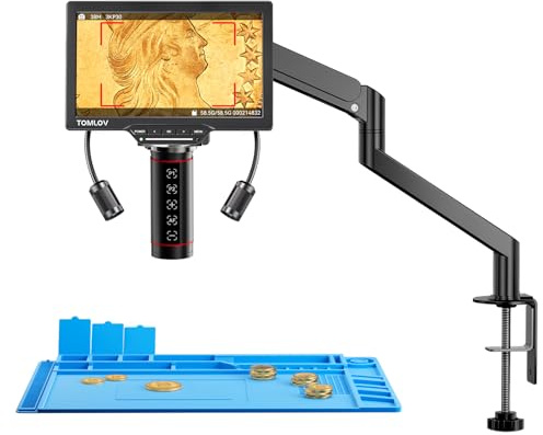 TOMLOV TM3K-AF Flex Microscopio Digitale Autofocus: Lente per Monete HDMI IPS con Braccio Flessibile e Illuminazione Laterale, Microscopio da 7 per Saldatura, Monete e PCB, Compatibile PC/TV, 64GB