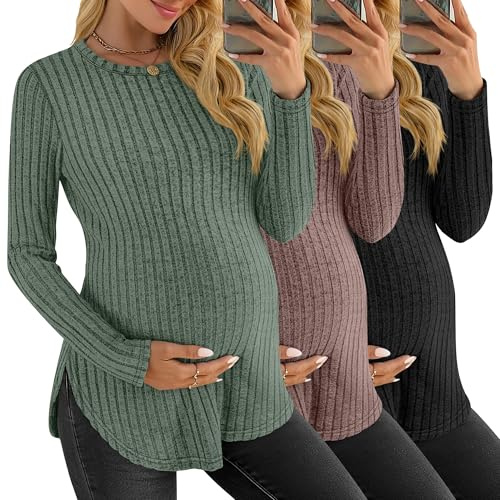 JoyMotion 3 Pack Women's Maternity Shirts, Ribbed Long Sleeve Pregnancy Sweaters Curved Hem Split Side Crew Neck Tunic Tops(Green, Brown, Black,Small)