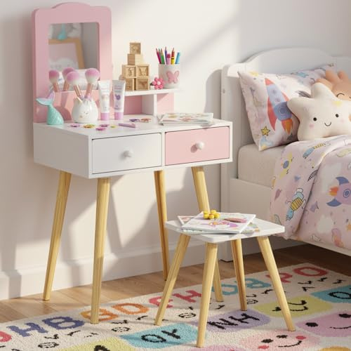Clevich 2 in 1 Toeletta Trucco Bambina, Toeletta per Bambini con Specchio, 2 Cassetti, Scrivania in Legno con Sgabello, Robusto e Durevole, per Bambini dai 3-8 Anni, Rosa