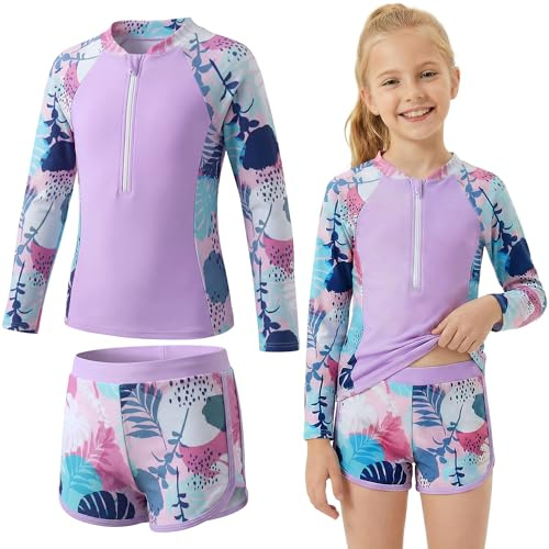 Baogaier Flickor Baddräkt 2 Stycken Långärmad Rash Guard Solskydd, Blommönster Dragkedja Toppar Och Mjuka Shorts, Baddräkt Pool Strand Simning Flicka För 7-14 År