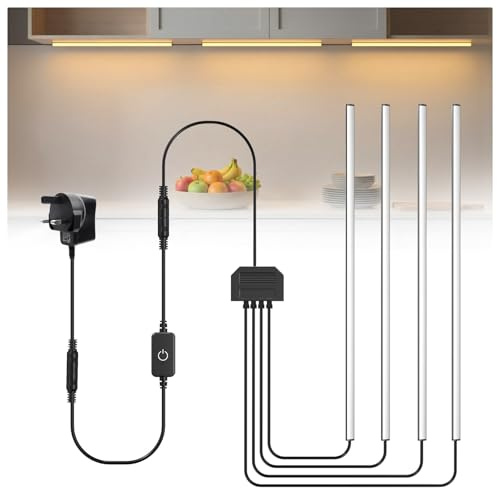 Lustaled 90° Corner Under Cabinet Kitchen Lights Plug in, 4 x 30cm LED Under Shelf Lighting Cupboard Lights Warm White 3000K, Touch Dimmable Under Counter Lights for Display Cabinet, Shelf, Bookcase