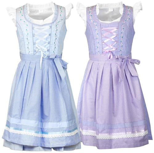 MS-Trachten Kinderdirndl Lina - Dirndl per bambini, colore viola e blu, con camicetta e grembiule, 3 pezzi, abito tradizionale per ragazze, Azzurro, 140