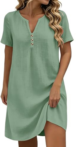 Générique Robes Femme Lin Coton Ete Elegan Tunique Robe Courtes Manches Robes DéContracté Ample Col En V Couleur Unie Dress Casual Plage Vacances Fluide Grande Dress Pour FêTe (01-Green, XL)