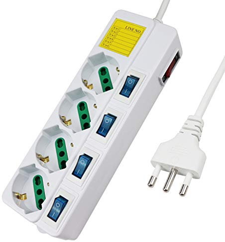 Extrastar Multipresa ciabatta elettrica 4 Posti 10/16A Bipasso Schuko 250V Max:2500W con interruttori indipendenti 1,5MT