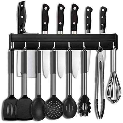 Barre de Cuisine Porte Casserole Mural à Accrocher 50cm Avec 8 Crochets Amovibles - Rail Support pour Suspendre Ustensiles et Couvercles