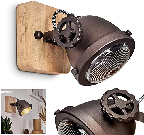 Lampada da parete Herford, lampada da parete regolabile in metallo/legno/vetro in nero/marrone/natura, 1 luce, 1 attacco GU10, spot da parete in design retro/vintage, senza lampadina/e