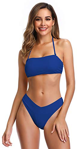SHEKINI Donna Bikini Set Imbottito Bandeau Top Bikini Regolabile Costume da Bagno Due Pezzi Bikini Fondo da Spiaggia (S, Bleu Royal)