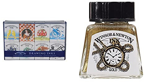 Winsor & Newton, Drawing Inks, Henry Collection Ink Pack, 8x14ml Bottles and 14ml Drawing Ink Bottle - Gold