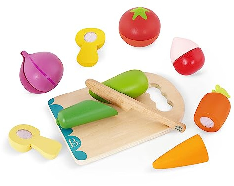 B. toys – Chop 'n' Play – Grönsaker – låtsasmatset – 6 trägrönsaker att skära isär – mat med kardborre för småbarn och barn – säker kniv och skärbräda – 2+ år