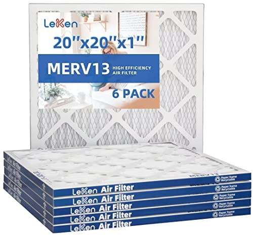 LEKEN MERV 13 AC ugnsluftfilter 6-pack – elektrostatisk veckad luftkonditionering HVAC AC-ugnsfilter lämpliga för familjer med husdjur (faktisk storlek: 19,5 x 19,5 x 0,75 tum)