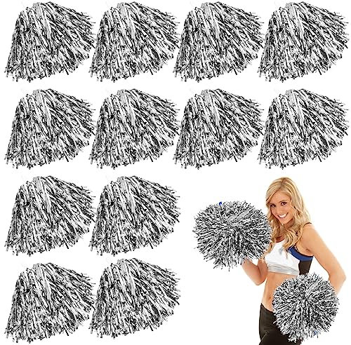 12 Stück Cheerleader Pompons: Pom Poms Cheerleading mit Griffen Pom, Schön Pompons Cheerleader Hand Blumen-Bänder, Metallic Pompoms Cheerleading für für Sportwettbewerb Tanzen Cheers Erwachsene Kinder