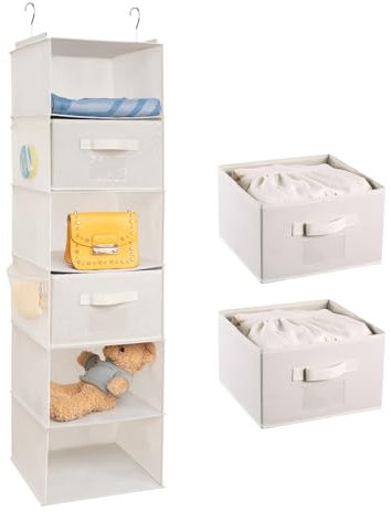 BrilliantJo Hanging Wardrobe Organiser 6 Shelves with 2 Removable Drawers Closet Storage, hanging Shelves Unit with 4 Pockets for Clothes - Beige(12x 12 x 43.3 inch)
