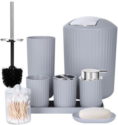 FEILANDUO Bathroom Accessories Sets Complete, 8 Pcs Bathroom Accessory Set with Trash Can, Soap Dispenser, Soap Dish, Toothbrush Holder, Toothbrush Cup, Toilet Brush and Qtip Holders,Vanity Tray,Gray