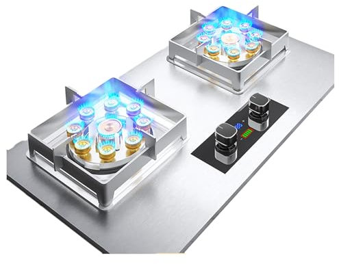 Cuisinière À Gaz De 75 Cm, Avec 2 Brûleurs, Injection Directe Double Face Temporisée À Neuf Chambres, Support À Casseroles En Fonte De Verre Trempé Noir, Avec Protection Anti-extinction (Color : Silv