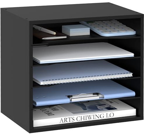 SUPEASY Wood Desk Organizer, 5 Tier Paper File Organizer for Desk, Wooden Desktop Organizer, Paper Letter Literature Mail Sorter, for Office School & Home Organization, Black