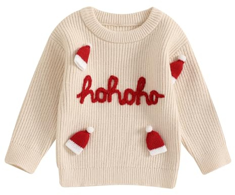 LSFYSZD My First Christmas Knit Sweater Toddler Baby Girls Boys Tractor Embroidery Long Sleeve Winter Warm Knitwear Pullover Jumper Tops (Hohoho Hats-Beige, 12-18 Months)
