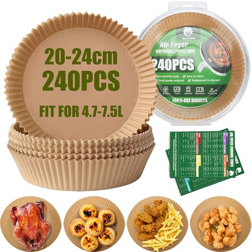 OAMCEG 240 Stück Airfryer Backpapier für Heißluftfritteuse 4.7-7.5L Rundes Backpapier 20–24cm Einweg Zubehör aus Pergamentpapier - mit Rezepten für Familienküche, Backen, Frittieren Garen