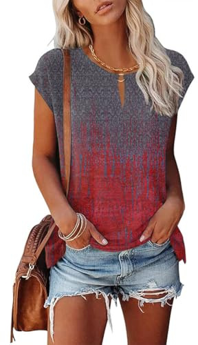 Tanmolo Damen T-Shirt Oberteile Top Sommer mit Flügelärmeln & Metallring-V-Ausschnitt Elegant Casual Shirt Bluse für Freizeit und Alltag Grau-Rot-Verschmelzung, XXL