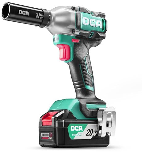 DCA Llave de Impacto Inalámbrica Brushless 20V con Batería de 4.0Ah – 13 mm Encastre, Par de Torsión Alto de 320 N.M, Llave de Potencia con 4 Modos – Para Automóviles y Bricolaje ADPB320