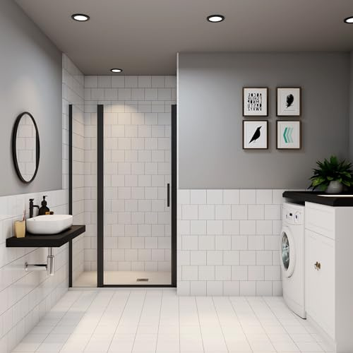 Porte de douche pivotante noire en niche 110x200cm porte de douche avec un élément fixe en verre securit anticalcaire