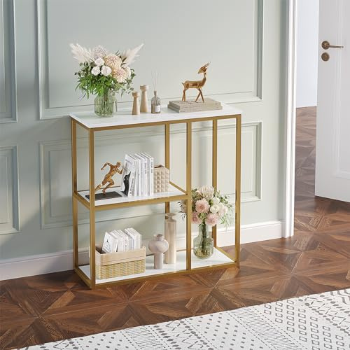 WOHOMO Console Table Small Gold Entryway Tables with Storage Shelves 80cm