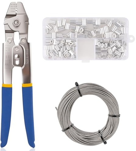 66ft Wire Rope Crimping Tool, 1/16In Stainless Steel Wire Rope Kit, Steel Cable Crimping Tool up to 2.2mm with 150pcs Aluminum Crimp Sleeve for Railing, Crafts Cables Wires and Marine Fishing Lines