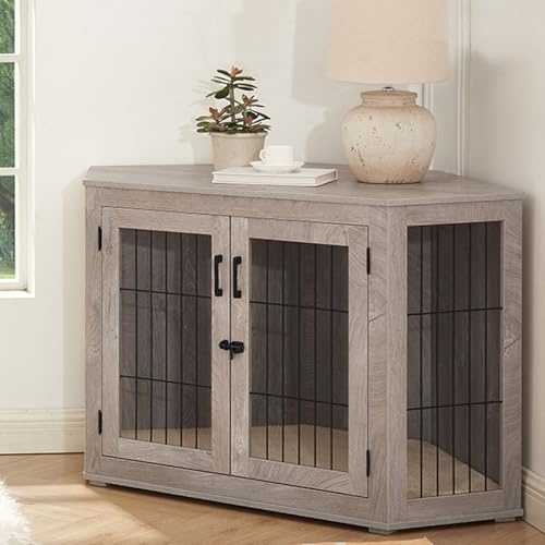 Cage pour chien avec maille, 2 portes, niche décorative en bois pour l'intérieur, table d'appoint polyvalente pour animaux de compagnie