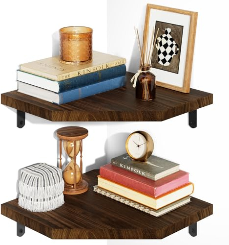 Alsonerbay Set of 2 Corner Shelves Wall Mount, Solid Pine Wood Floating Corner Shelves with Wire Hole, Adjustable Hexagon Wall Shelves for Bedroom Living Room Kitchen