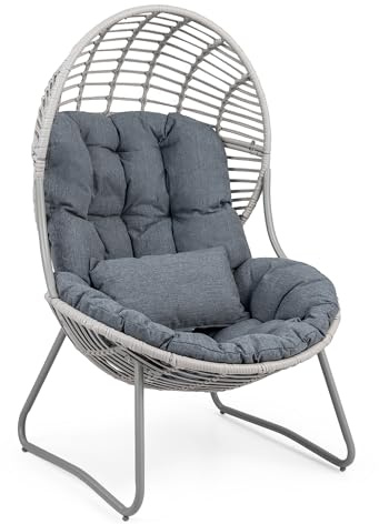 GIANTEX Rottingfåtölj i korgform, trädgårdsfåtölj i äggform med avtagbar sittkudde, ryggkudde och extra kudde, korgfåtölj med metallram, kan belastas upp till 150 kg, loungefåtölj för balkong och