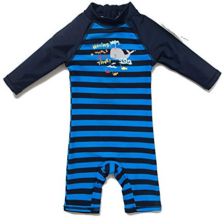 BONVERANO Traje de baño para bebé niño Trajes de baño de una Pieza de Manga Larga Protección UV 50+ Trajes de baño con Cremallera(Azul-Ballena,12-18meses