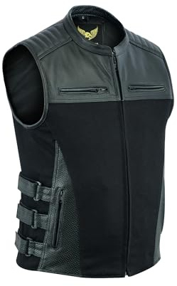 Leatherick Hombre Warrior Tactical Style Denim y Top Grain Buffalo Leather Chaleco de motorista con bolsillos profundos y perforados en los bolsillos