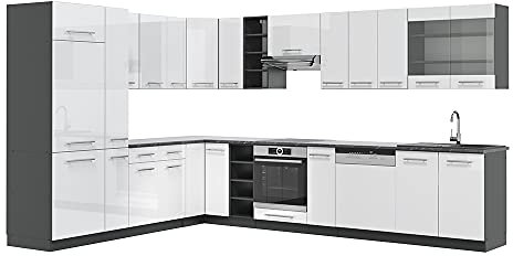 Vicco Eckküche Fame-Line, Weiß Hochglanz/Anthrazit, 257 x 347 cm ohne Arbeitsplatte