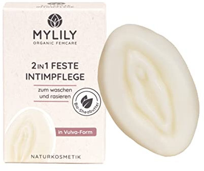 MYLILY 2 in 1 Waschstück Feste Seife | Intimpflege Damen| 60 gramm zur Reinigung und Rasur | Rasierseife Damen in Vulva Form | Kakao- & Sheabutter & Kokosöl |