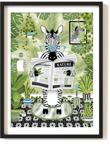 Parmaro Zebra on Toilet Print, Zebra Reading Newspaper Bathroom Print, A4 UNFRAMED Print, Animal on Toilet Print, Botanical Green Print Tropical Bathroom Decor