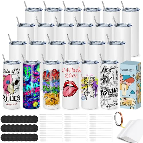 Cafultgo 20OZ Sublimation Cup, Set of 24 Sublimation Blanks Skinny Tumbler 20 OZ White Straight Bulk Stainless Steel Tumbler, with Lid and Straw, Shrink Wrap, Individually Boxed, Blank White（24PCS）