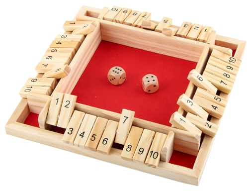 ACTOYS Shut The Box Klassiskt tärningsspel i trä med 2 tärningar för 4 spelare, bräd- och schackbord - för barn och vuxna (röd bakgrund)