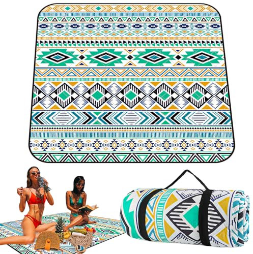RISVOWO Picknickdecke XXL 200x200 cm, Tragbare Faltbar Stranddecke, Extra Groß Outdoor Stranddecke mit Wasserdichter Unterseite für Trocken Strand, BBQ, Picknick, Wandern, Reisen Campingdecke Grün