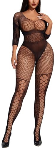 Bommi Fairy Women's Fishnet Bodystocking Bodysuit Babydoll Mesh Lingerie Sleepwear Sexy Tights Soft Nightwear One Size Club & Night Out (Black)