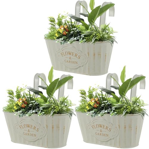 shaojian 3 Pack Metal Iron Hanging Flower Pots, Vintage Railing Planter with Detachable Hooks & Drainage Hole Oval Rustic Hanging Planter for Railing Fence Balcony Deck Garden Home Decoration