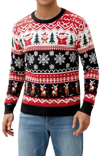 Atforna Jersey navideño para hombre Ugly Christmas Sweater divertido Jersey navideño de cuello redondo con estampado de copos de nieve para la fiesta de Navidad, Negro , S