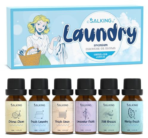 SALKING Lessive Huiles Essentielles, 6x10ml Huile Essentielle pour Diffuseurs, Humidificateurs, Massage, Agrumes propres, Blanchisserie fraîche, Linge frais, Champs de lavande, Brise, Menthe fraîche