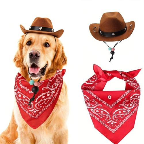 Ling & Bai 2 cappelli da cowboy per cani e costumi per animali domestici e bandana, sciarpa, cosplay, accessori decorativi per feste di Halloween e festival (marrone)