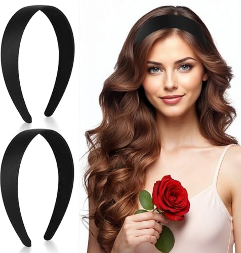 WY LIGHTING LEVEL 2 cerchietti neri rigidi in raso con denti antiscivolo, alla moda, larghi, tinta unita, vintage, per yoga, costumi fai da te, accessori per le vacanze, per donne e ragazze