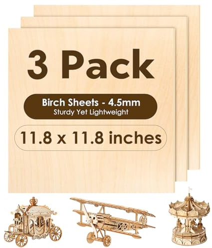 Birch Plywood Sheets 4.5mm, 3 Pack Plywood Sheets 11.8 x 11.8 Inch, Wood for Laser Cutting and Engraving, Stronger Than 3mm Basswood, Lightweight Yet Sturdy 0.18 inch Birch Wood Sheets