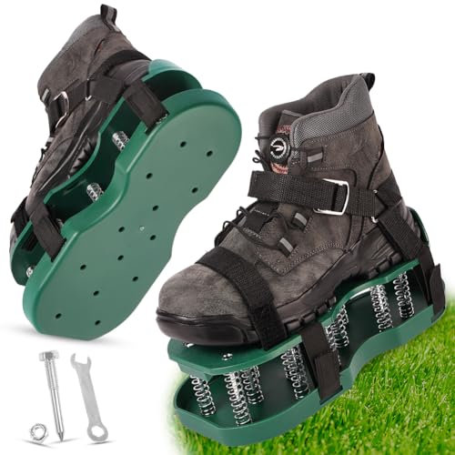 URAQT Lawn Aerator Shoes, Spring Sole Grass Spike Shoes, 70mm Spiked Garden Lawn Aerator Shoes with Hook and Loop Straps, One Size, Heavy Duty Spiked Shoes for Yard Terrace Garden