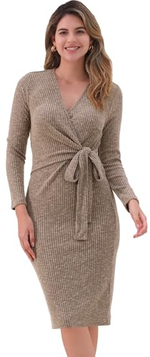 Allegra K Robe Portefeuille pour Femmes, col en V, Manches Longues, Cravate à la Taille, Gaine, Robes mi-Longues décontractées d'automneKaki foncé L